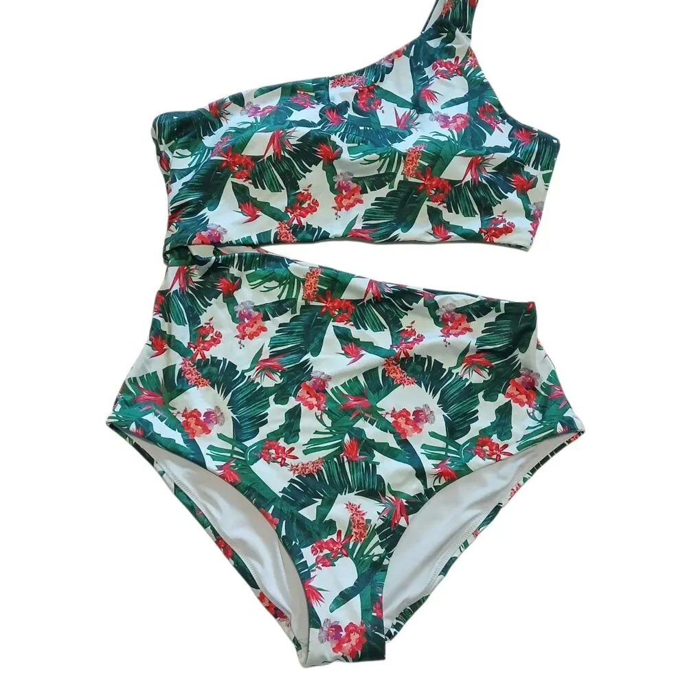 NWT XL Victoria's Secret Cut-out One-Piece Swimsuit Green Red Palm Tropical